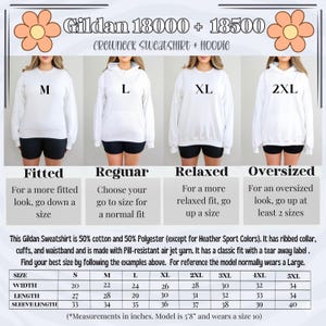 May include: White Gildan crewneck sweatshirts and hoodies in sizes M, L, XL, and 2XL are displayed. The image includes a size chart with measurements in inches for width, length, and sleeve length. The text describes the fit options: fitted, regular, relaxed, and oversized.