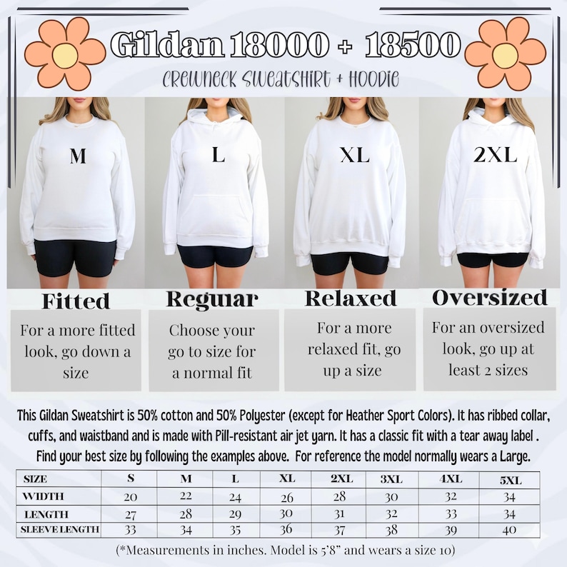May include: White Gildan crewneck sweatshirts and hoodies in sizes M, L, XL, and 2XL are displayed. The image includes a size chart with measurements in inches for width, length, and sleeve length. The text describes the fit options: fitted, regular, relaxed, and oversized.