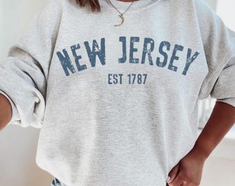 New Jersey Crewneck Sweatshirt, Moving to New Jersey Gift, New Jersey Vacation Apparel, NJ Home State Tee, Trendy Distressed Varsity Shirt