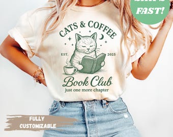 Cats and Coffee Bookclub Shirt, Cute Bookish Cat Tee Cozy Gift for Cat Coffee and Book Lovers, Coffee and Books Shirt Gift for Her Women
