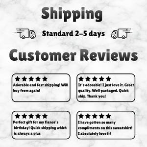 May include: Image with the text "Shipping" and "Standard 2-5 days". Below, the text "Customer Reviews" is displayed. Four customer reviews are shown, each with a five-star rating and positive comments about the product and shipping.