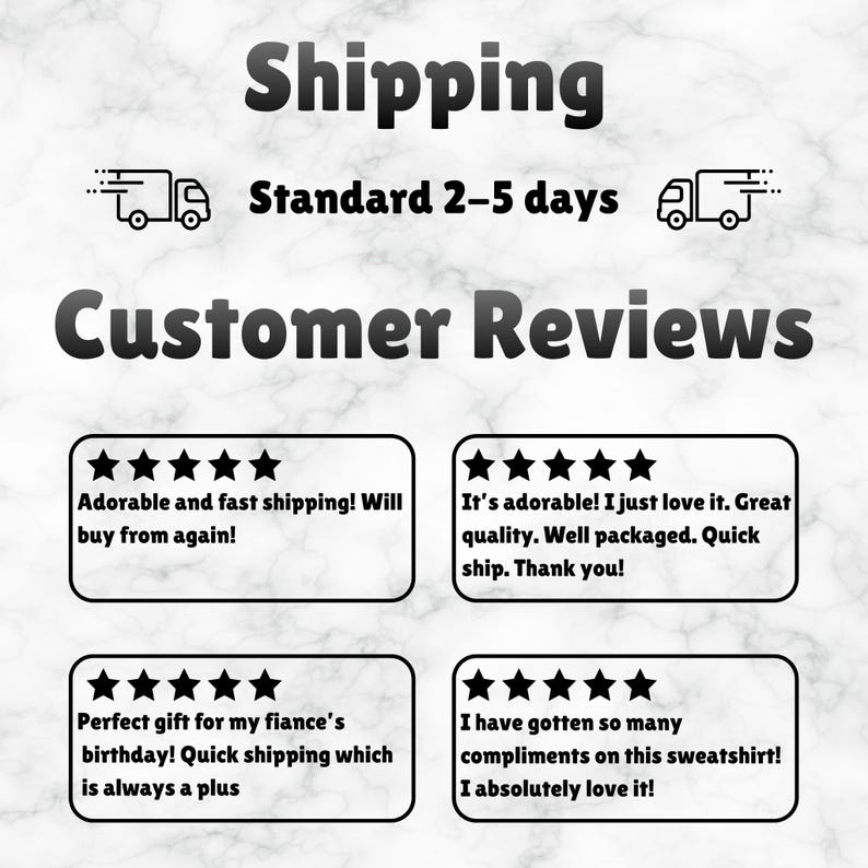 May include: Image with the text "Shipping" and "Standard 2-5 days". Below, the text "Customer Reviews" is displayed. Four customer reviews are shown, each with a five-star rating and positive comments about the product and shipping.