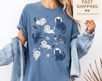 Cats in Space Comfort Colors® Shirt, Funny Cat Tshirt, Oversized Shirt, Aesthetic Graphic Retro Vintage T Shirt, Cat Lover Gift, Cat Tee