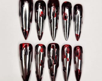 Uñas postizas hechas a mano con efecto de goteo de sangre - Stiletto