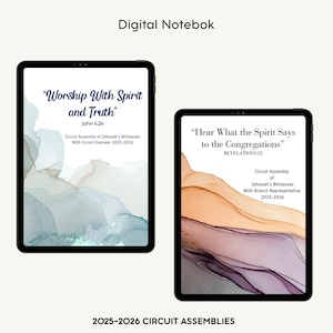 Op de afbeelding: Twee digitale notebooks met zwarte randen. Het linker notebook toont de tekst "Worship With Spirit and Truth" en het rechter notebook toont "Hear What the Spirit Says to the Congregations". Beide notebooks hebben abstracte aquarel achtergronden. De tekst "2025-2026 CIRCUIT ASSEMBLIES" staat onderaan.