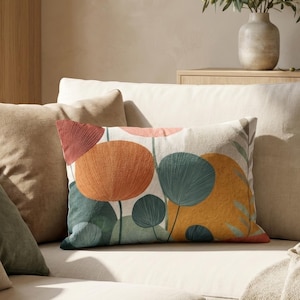 Mid Century Lumbar Pillow, Slim Botanical Floral Accent Pillow in Rust Ochre, Soft Modern Decor