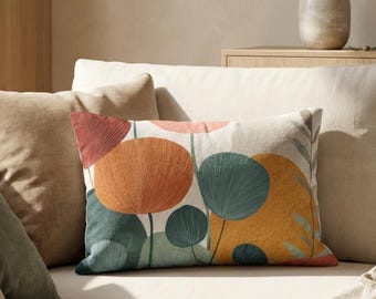 Mid-Century Lumbar-kudde, smal botanisk blommig accentkudde i rost ockra, mjuk modern inredning