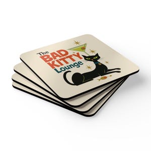 Retro Bad Kitty Cat Coaster Set – Atomic Starburst Cat Art, Mid Century Modern Bar Decor, Cat Lover Gift
