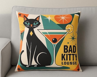 Bad Kitty Lounge Pillow, Atomic Mid Century Cat Throw Pillow, Retro Bar Decor