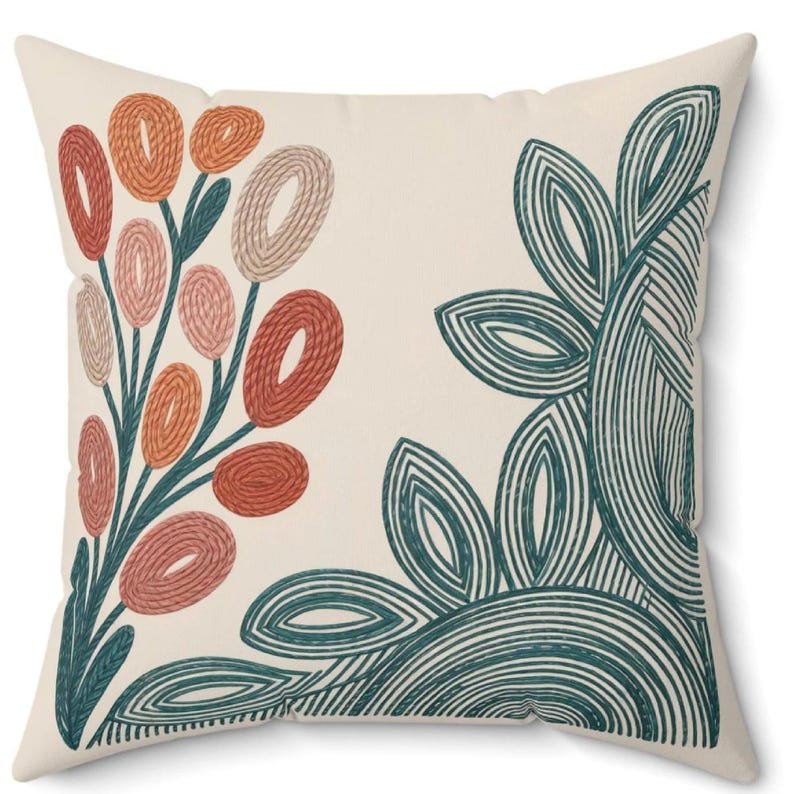 Mid Century Throw Pillow, Coral Teal Botanical Pillow, Modern Floral Decorative Cushion