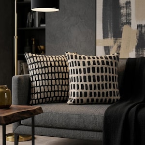 Hand Drawn Grid Pattern Woven Throw Pillow, Black Cream Cotton Cushion Cover, Minimalist Scandinavian Decor, Modern Neutral Accent