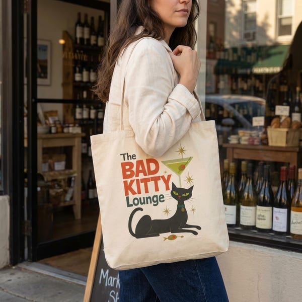 Schwarze Katze Tote Bag, Retro Mid Century Katzenliebhaber Geschenk, Bad Kitty Lounge Tasche