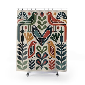 Scandinavian Shower Curtain | Folk Bird Mid Century Boho Design | Boho Home Decor Gift
