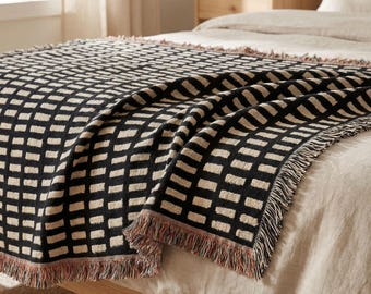 Black Cream Woven Throw Blanket, Cotton Couch Blanket, Dark Neutral Bed Throw, Minimalist Scandinavian Decor