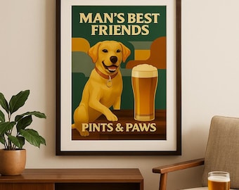 Póster de bar con temática canina – Arte de pared retro para bar, Impresión vintage de pintas y patas, Decoración para bar en casa