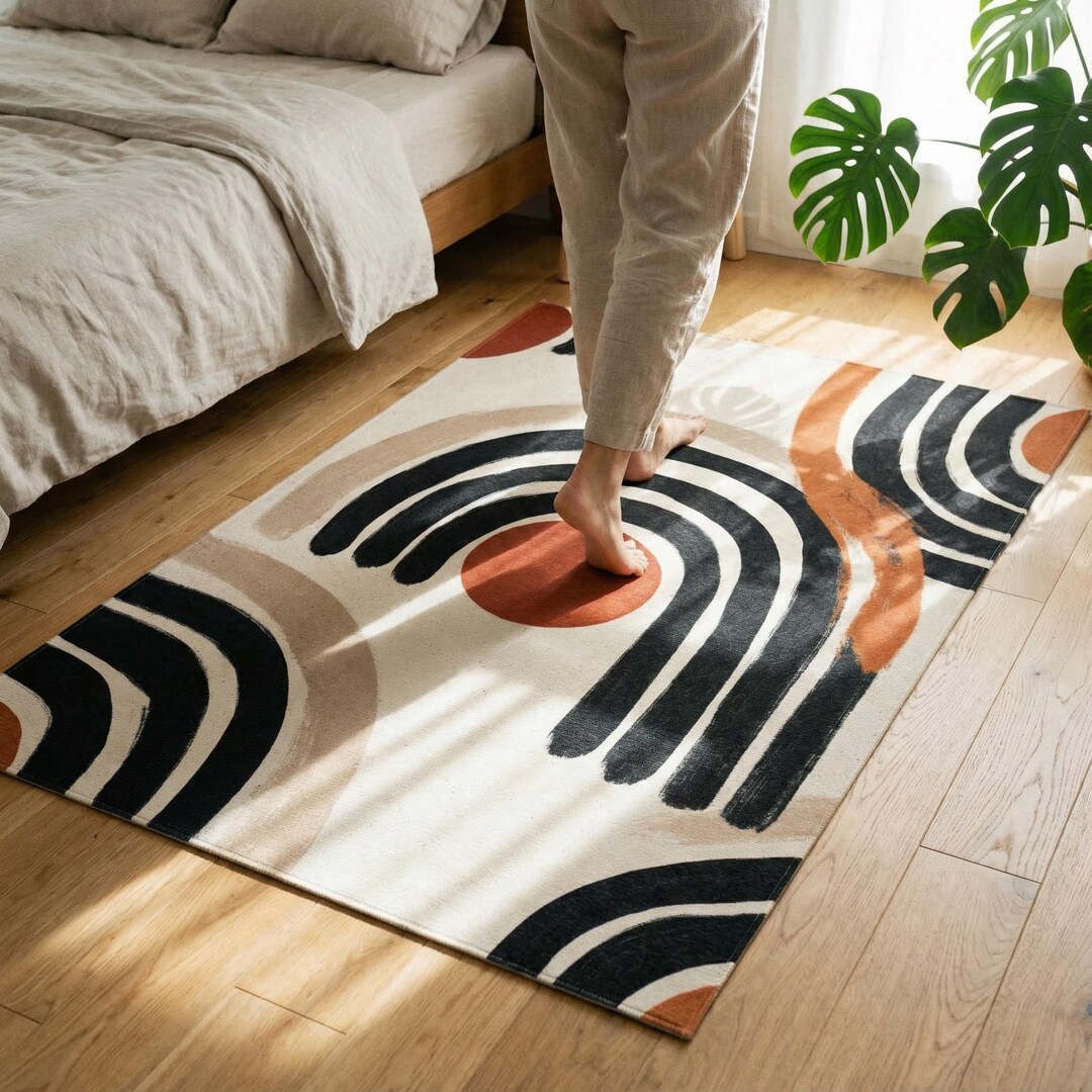 Arches Pattern Rug Hand-drawn Arches MCM Area Rug | Modern Sun Dot Pattern, Neutral Tan ...