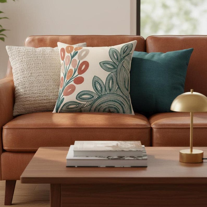 Mid Century Throw Pillow, Coral Teal Botanical Pillow, Modern Floral Decorative Cushion