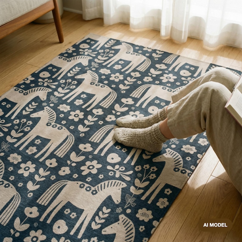 Dala Horse Area Rug Alfombra de arte popular escandinavo Alfombra azul floral nórdica Decoración popular sueca