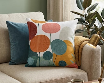 Mid-Century Modern Prydnadskudde med inlägg, Boho Botanisk Blommig Kudde, Rost Ocker Salvia Grön Terrakotta Jordnära Dekor