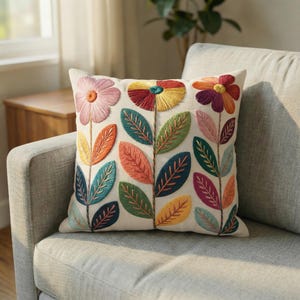 Boho Mid Century Floral Throw Pillow | Watercolor Botanical Blooms, Colorful Modern Home Decor