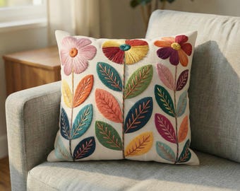 Almofada decorativa floral boho de meados do século | Flores botânicas em aquarela, decoração moderna e colorida para casa
