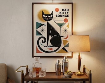 Bad Kitty Lounge Poster, Black Cat Martini Print, Mid Century Cocktail Lounge Wall Art, Atomic Age Cat Poster, Retro Home Bar Decor