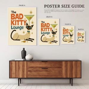 Siamese Cat Poster, Mid Century Modern Cat Wall Art, Bad Kitty Martini Lounge Print