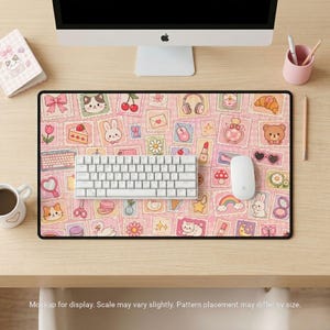 Pink Kawaii Desk Mat, Cutecore Coquette Mouse Pad, Pastel Gingham Desk Pad, Cute Stationery Collage, Dorm Desk Decor