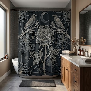 Spider Web Rose Gothic Raven Crescent Moon Shower Curtain |  Dark Academia Decor