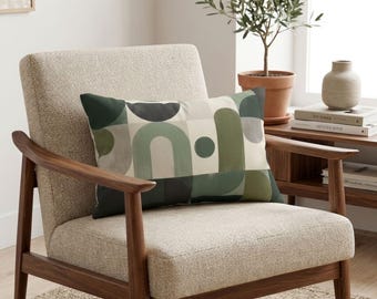 Mid Century Modern Lumbar Pillow, Green Geometric Throw Pillow, Abstract Accent Cushion for Sofa or Bed