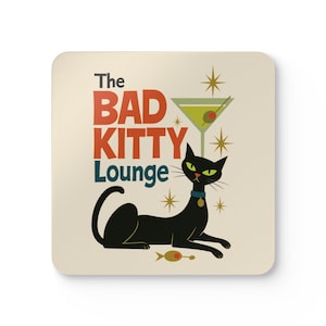 Retro Bad Kitty Cat Coaster Set – Atomic Starburst Cat Art, Mid Century Modern Bar Decor, Cat Lover Gift