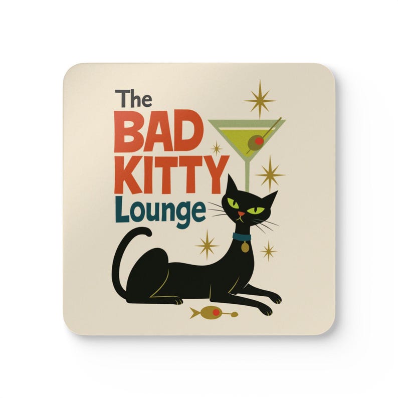 Retro Bad Kitty Cat Coaster Set – Atomic Starburst Cat Art, Mid Century Modern Bar Decor, Cat Lover Gift