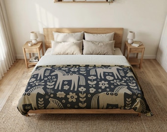 Scandi Dala Horse Cotton Duvet Cover, Folk Floral Bedding, Navy Nordic Pattern Bed Cover