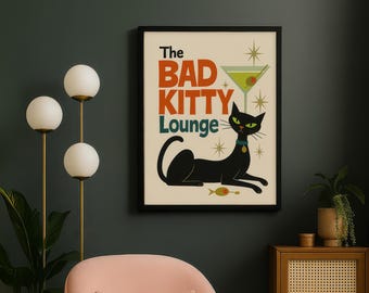 Art de chat moderne du milieu du siècle - affiche d'art chat - décoration de salon Bad Kitty - mur d'art chat - oeuvre d'art pour les amoureux des chats - déco chat rétro