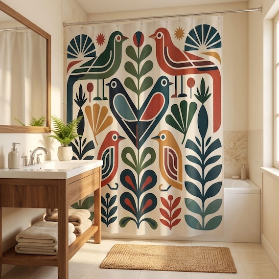 Boho Shower Curtain, Scandinavian Folk Bird Bathroom Decor, Botanical Mid Century Bath Curtain