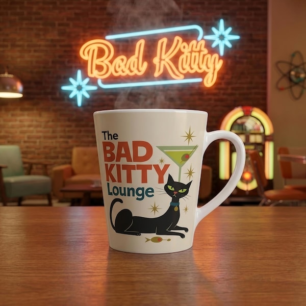 Mid Century Modern Black Cat Mug, Retro Cat Latte Mug, Atomic Bad Kitty Coffee Cup, Vintage Cat Lover Gift