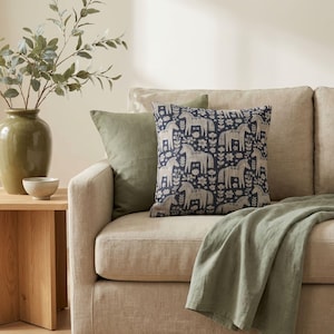 Dala Horse Woven Throw Pillow, Scandinavian Folk Art Tapestry Pillow, Nordic Blue Cream Cushion with Insert
