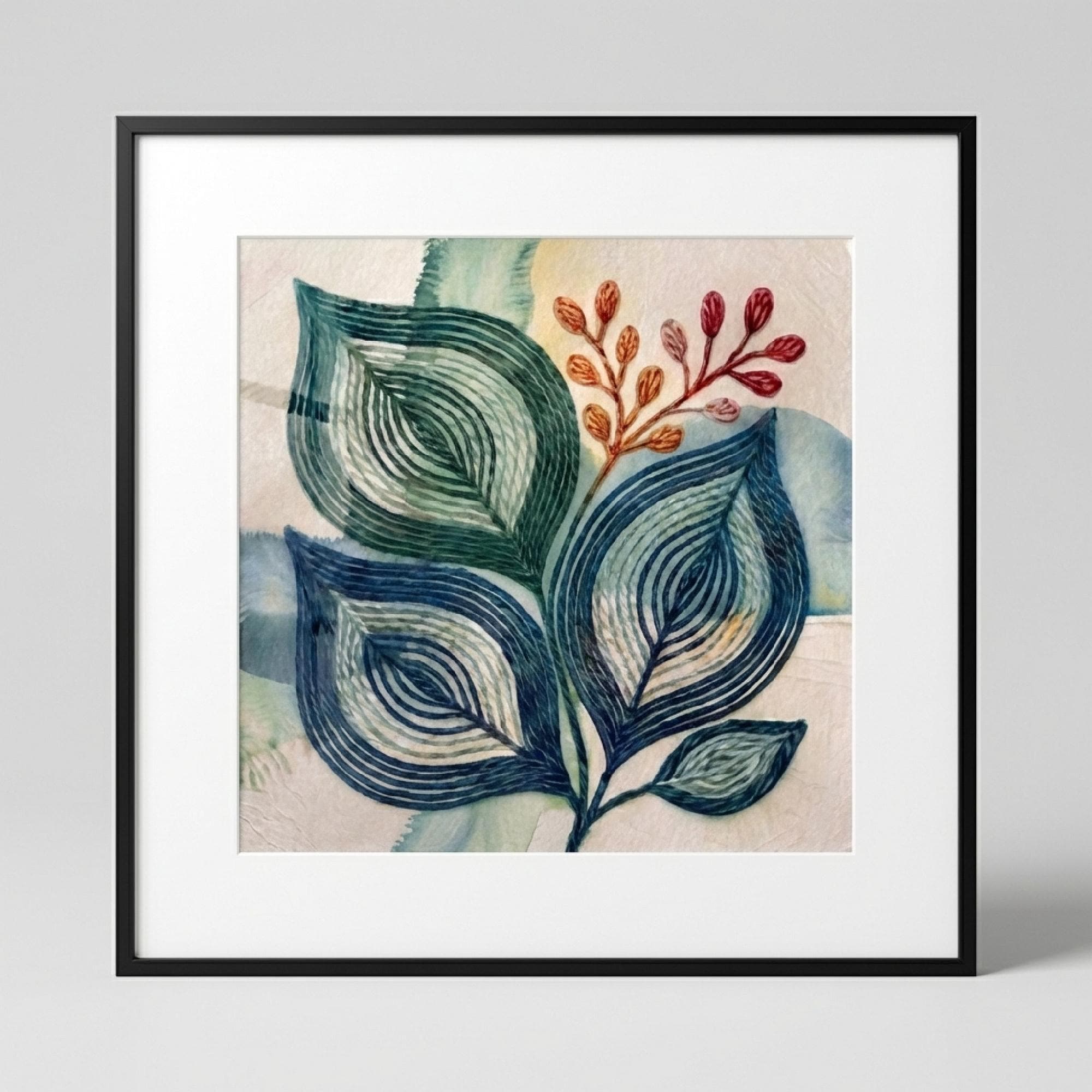 Mid-century Modern Botanical Wall Art Print, Teal Blue Abstract Leaf ...