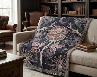 Manta decorativa Raven Gothic, tapiz tejido con telaraña burdeos, decoración Dark Academia, manta tenebrosa para dormitorio