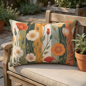 California Poppy Outdoor Pillow Retro Floral Garden Throw Pillow Boho Patio Cushion Orange Wildflower Porch Decor