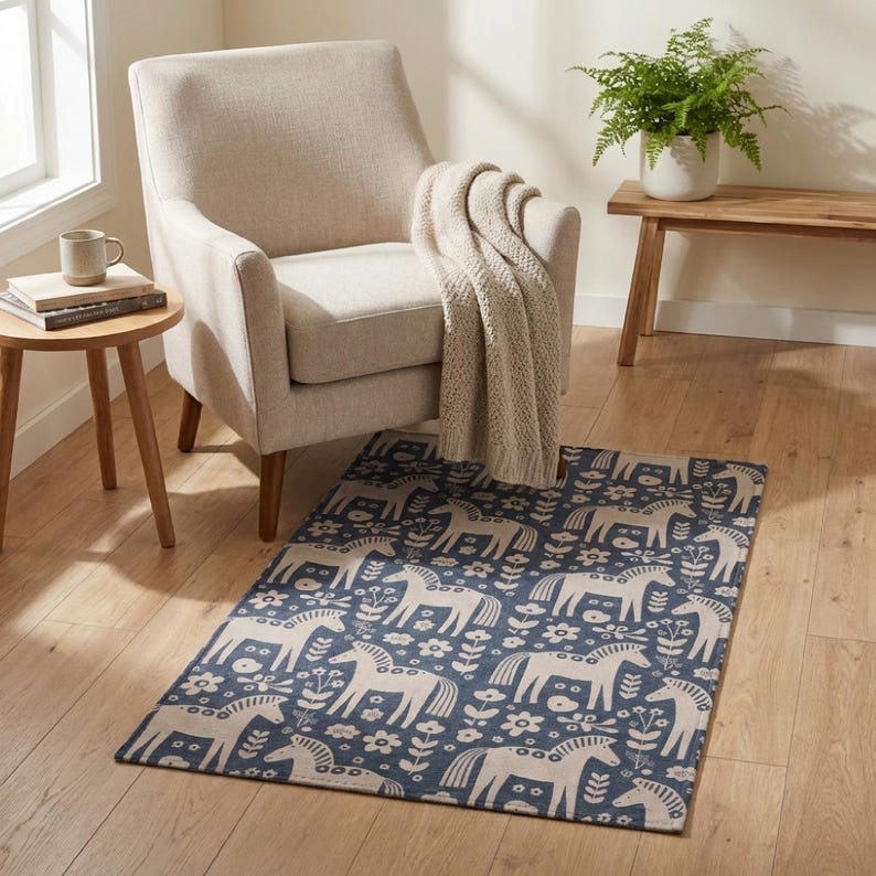 Dala Rugs Dala Horse Area Rug, Scandinavian Folk Art Rug, Nordic Floral Blue Rug ...
