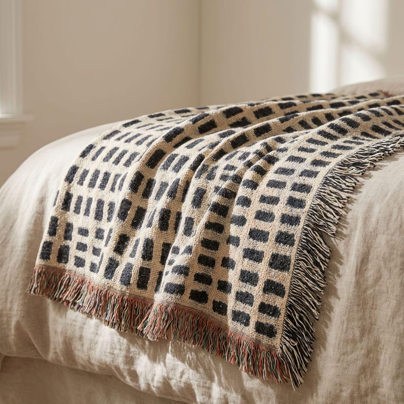Black Cream Woven Throw Blanket, Cotton Couch Blanket, Neutral Modern Bed Throw, Minimalist Scandinavian Decor