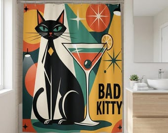 Bad Kitty Mod Black Cat | Mid Century Modern Shower Curtain | Geometric Retro