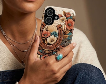 Western Boho iPhone Case, Cowgirl Floral Phone Case, Maximalist Horseshoe Cover, MagSafe® Compatible