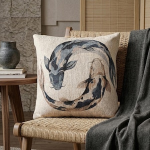 Japandi Koi Fish Woven Throw Pillow Zen Circle Cushion Minimalist Indigo Tan Home Decor