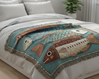 Lake House Throw Blanket, Cabin Woven Blanket, Rustic Lodge Decor, Folk Art Fish Blanket