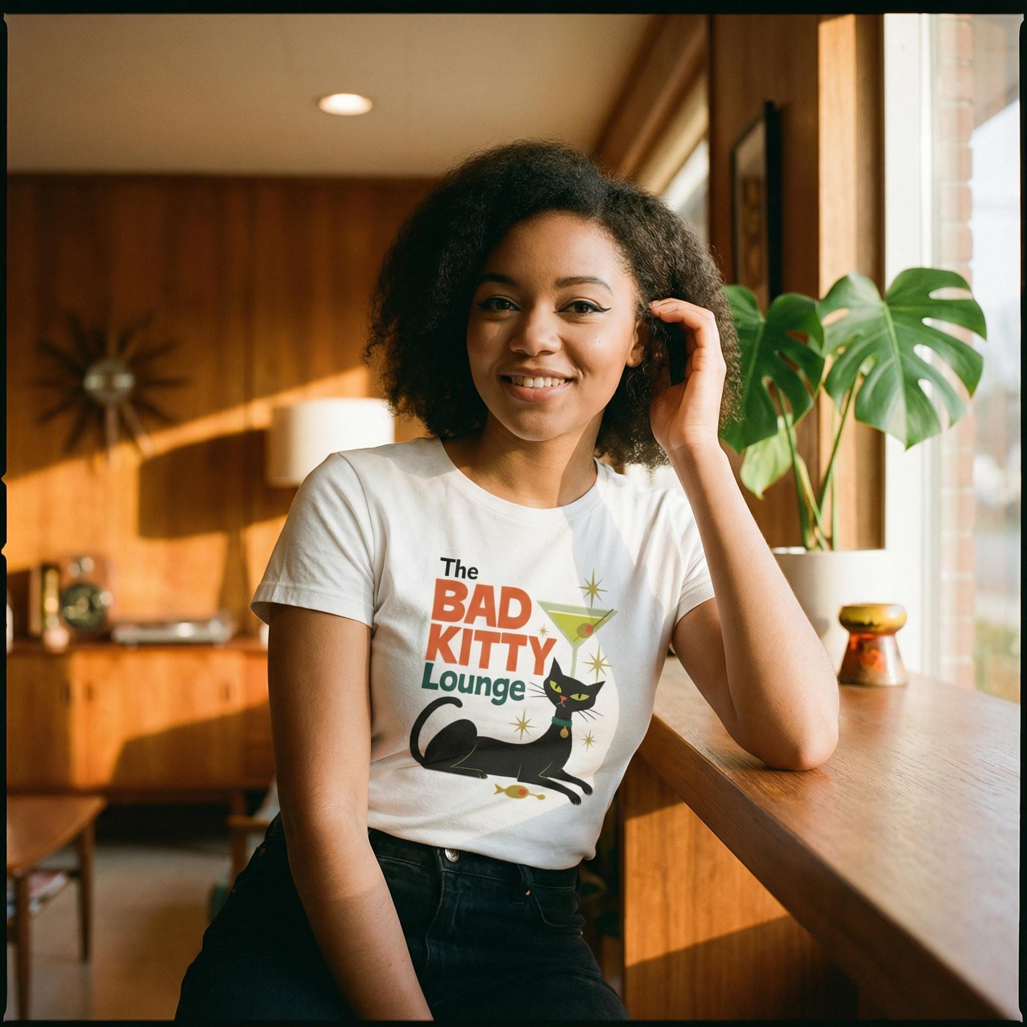 Bad Kitty Lounge T-shirt, Retro Cat Graphic Tee, Atomic Black Cat