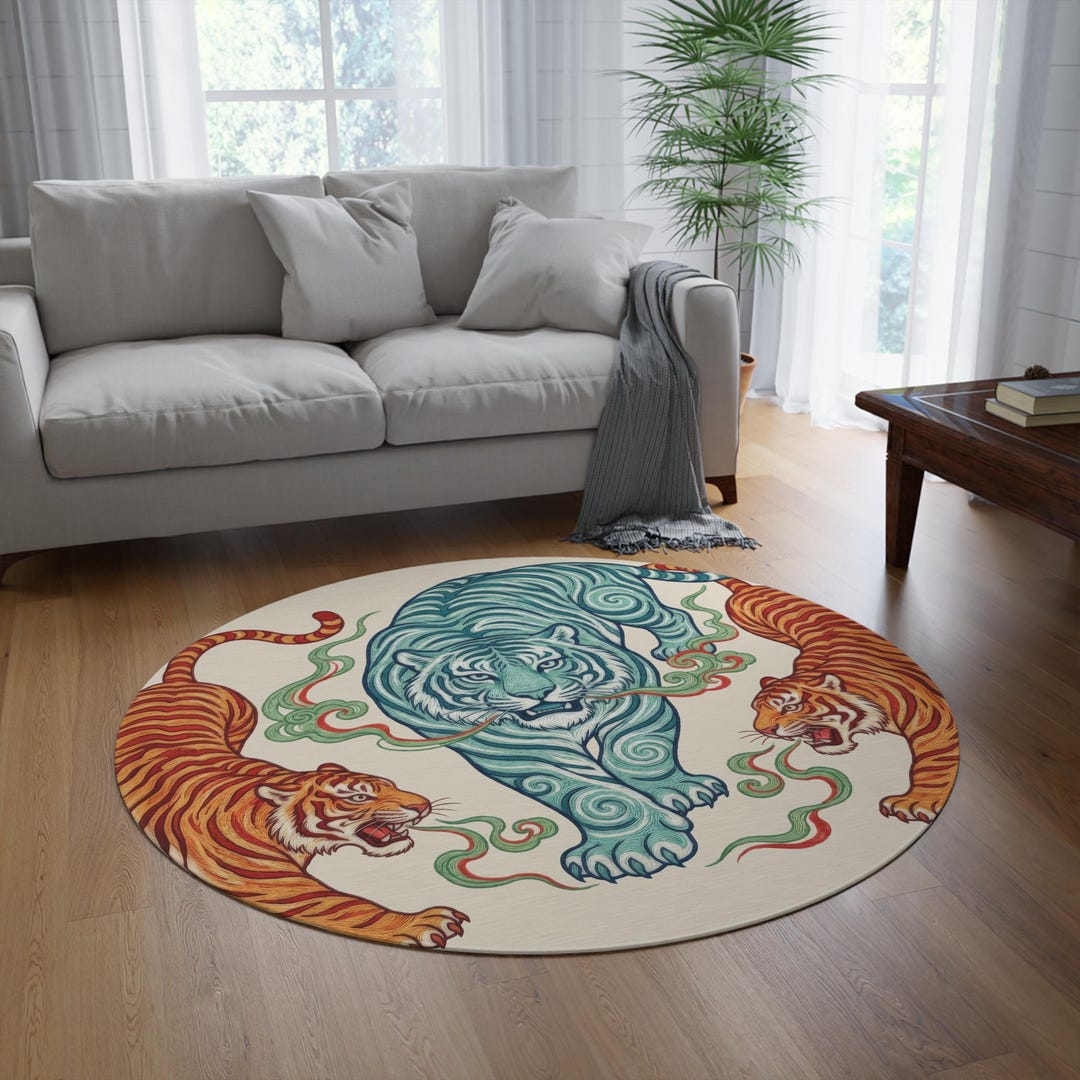 Chinoiserie Three Tigers Round Rug | Mid Century Modern Decor - Etsy
