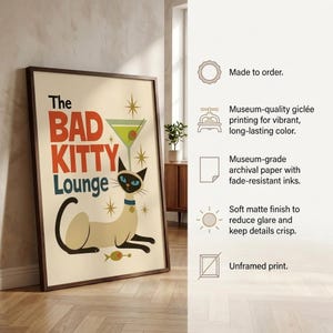 Siamese Cat Poster, Mid Century Modern Cat Wall Art, Bad Kitty Martini Lounge Print