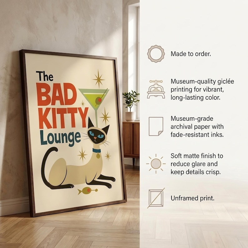 Siamese Cat Poster, Mid Century Modern Cat Wall Art, Bad Kitty Martini Lounge Print